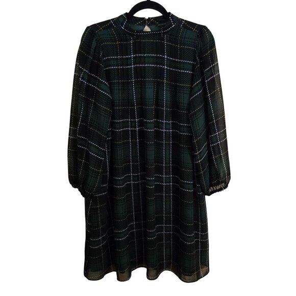 Ann Taylor Green Black Plaid Pintuck Long Balloon Sleeve A Line Dress Size M - Picture 2 of 9
